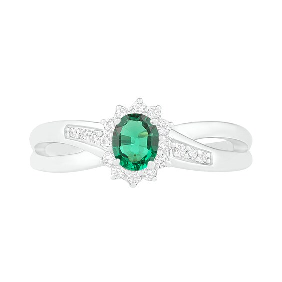 Oval Lab-Created Emerald and White Sapphire Starburst Frame Crossover Split Shank Ring in Sterling Silver