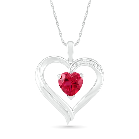 7.0mm Lab-Created Ruby and Diamond Accent Shadow Heart Pendant in Sterling Silver