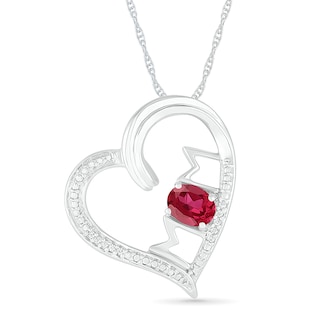 Oval Lab-Created Ruby and Diamond Accent "MOM" Tilted Heart Pendant in Sterling Silver