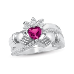 Couple's 5.0mm Heart-Shaped Birthstone Claddagh Ring by ArtCarved (1 Stone and 2 Lines)