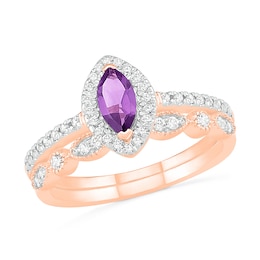 Marquise Amethyst and Lab-Created White Sapphire Frame Vintage-Style Bridal Set in 10K Rose Gold