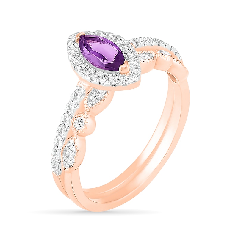 Marquise Amethyst and Lab-Created White Sapphire Frame Vintage-Style Bridal Set in 10K Rose Gold|Peoples Jewellers