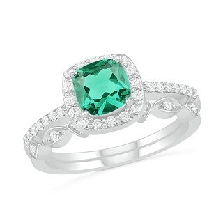 6.0mm Cushion-Cut Lab-Created Emerald and 0.23 CT. T.W. Diamond Frame Art Deco Bridal Set in 10K White Gold