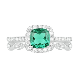 6.0mm Cushion-Cut Lab-Created Emerald and 0.23 CT. T.W. Diamond Frame Art Deco Bridal Set in 10K White Gold