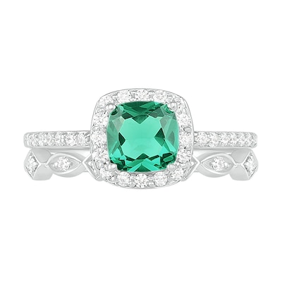 6.0mm Cushion-Cut Lab-Created Emerald and 0.23 CT. T.W. Diamond Frame Art Deco Bridal Set in 10K White Gold