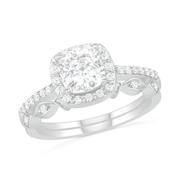 6.0mm Cushion-Cut Lab-Created White Sapphire and 0.23 CT. T.W. Diamond Frame Art Deco Bridal Set in 10K White Gold