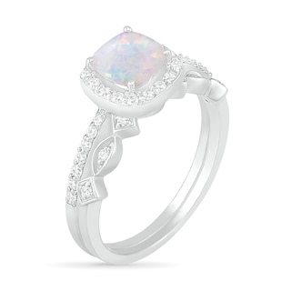 6.0mm Cushion-Shaped Lab-Created Opal and 0.23 CT. T.W. Diamond Frame Art Deco Bridal Set in 10K White Gold