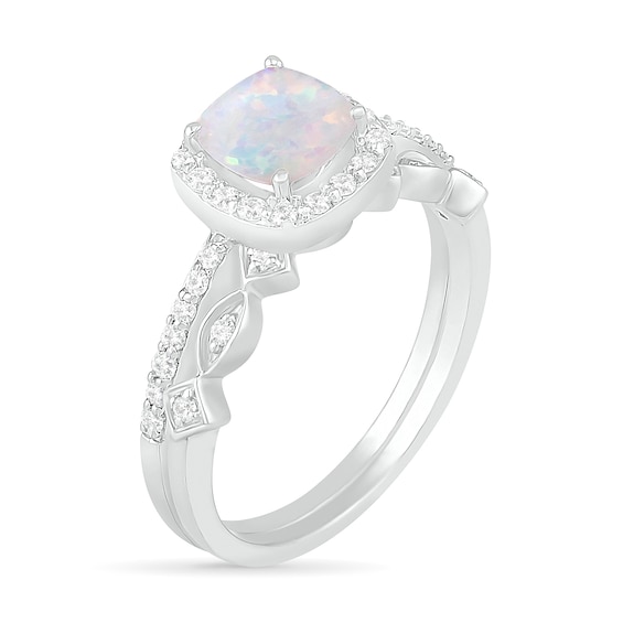 6.0mm Cushion-Shaped Lab-Created Opal and 0.23 CT. T.W. Diamond Frame Art Deco Bridal Set in 10K White Gold