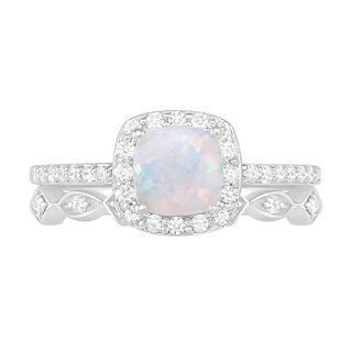 6.0mm Cushion-Shaped Lab-Created Opal and 0.23 CT. T.W. Diamond Frame Art Deco Bridal Set in 10K White Gold