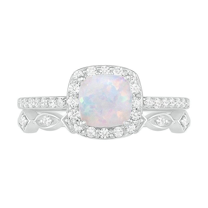 6.0mm Cushion-Cut Lab-Created Opal and 0.23 CT. T.W. Diamond Frame Art Deco Bridal Set in 10K White Gold|Peoples Jewellers