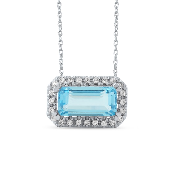 Sideways Emerald-Cut Swiss Blue Topaz and White Lab-Created Sapphire Octagonal Frame Necklace in Sterling Silver