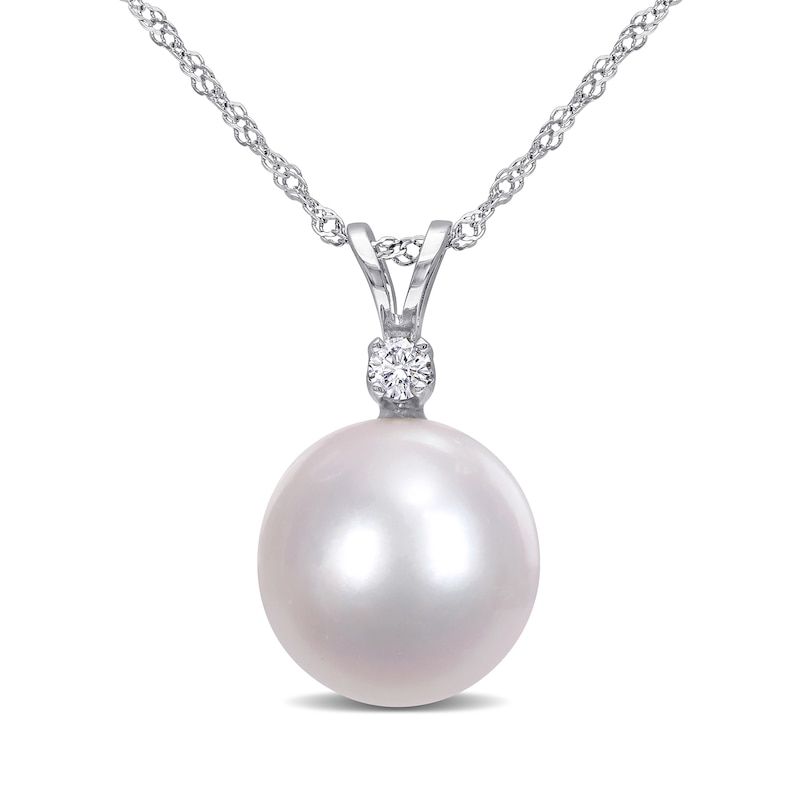 9.0-10.0mm South Sea Cultured Pearl and 0.05 CT. T.W. Diamond Pendant in 14K White Gold-17"