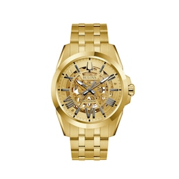 Men's Bulova Sutton Automatic Gold-Tone Watch with Gold-Tone Skeleton Dial (Model: 97A162)