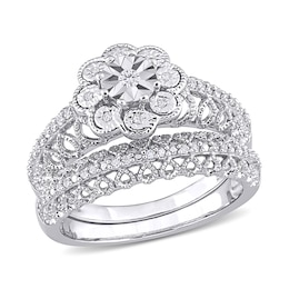 0.16 CT. T.W. Diamond Flower Frame Vintage-Style Bridal Set in Sterling Silver