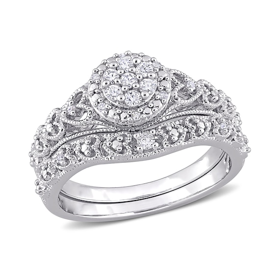 0.20 CT. T.W. Composite Diamond Frame Vintage-Style Bridal Set in Sterling Silver