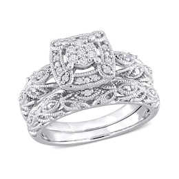 0.19 CT. T.W. Composite Diamond Cushion Frame Vintage-Style Bridal Set in Sterling Silver