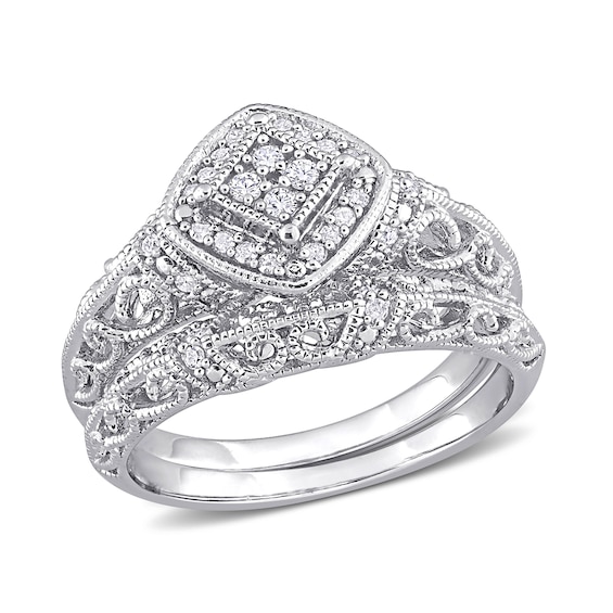 0.19 CT. T.W. Diamond Tilted Cushion Frame Vintage-Style Bridal Set in Sterling Silver