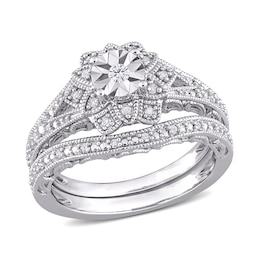 0.19 CT. T.W. Diamond Layered Flower Frame Vintage-Style Bridal Set in Sterling Silver