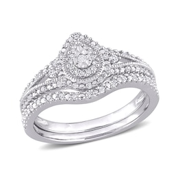 0.23 CT. T.W. Composite Pear Diamond Frame Vintage-Style Bridal Set in Sterling Silver