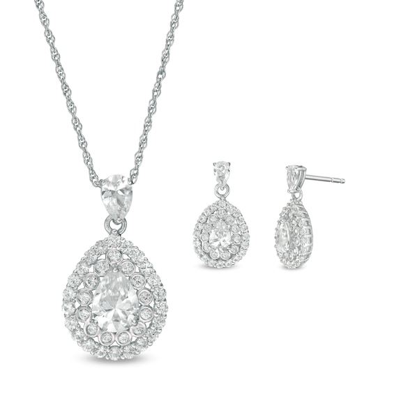 Pear-Shaped and Round Lab-Created White Sapphire Double Frame Drop Pendant and Drop Earrings Set in Sterling Silver