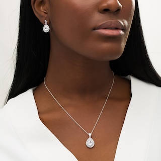 Pear-Shaped and Round Lab-Created White Sapphire Double Frame Drop Pendant and Drop Earrings Set in Sterling Silver