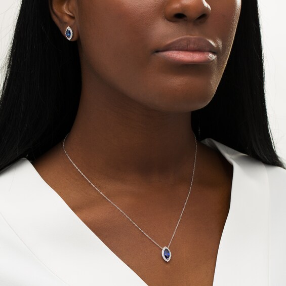 Marquise Lab-Created Blue and White Sapphire Frame Necklace and Stud Earrings Set in Sterling Silver