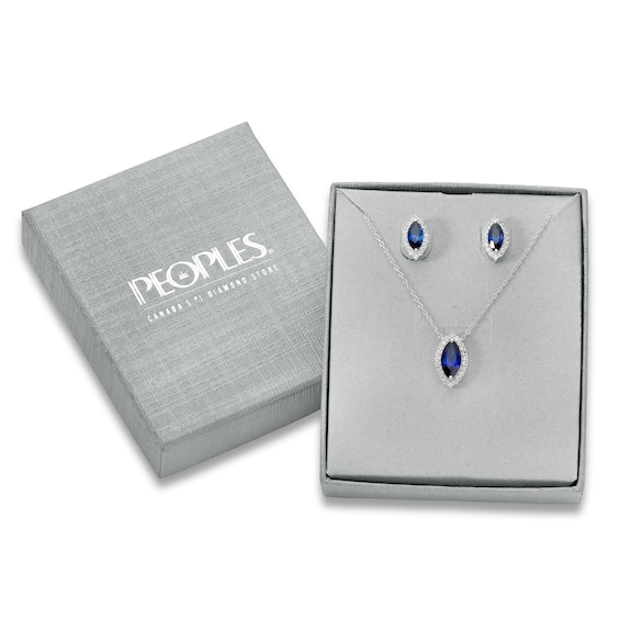 Marquise Lab-Created Blue and White Sapphire Frame Necklace and Stud Earrings Set in Sterling Silver