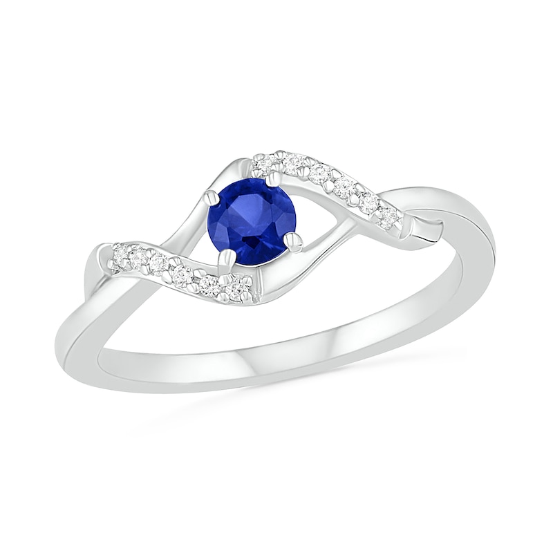 4.0mm Lab-Created Blue Sapphire and 0.04 CT. T.W. Diamond Bypass Swirl Frame Ring in Sterling Silver|Peoples Jewellers