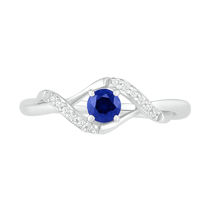 4.0mm Lab-Created Blue Sapphire and 0.04 CT. T.W. Diamond Bypass Swirl Frame Ring in Sterling Silver|Peoples Jewellers