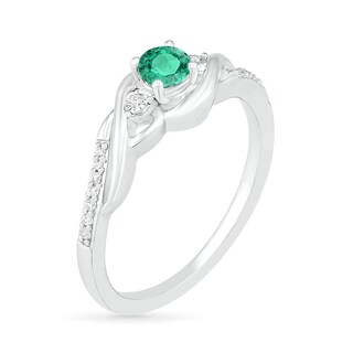 4.0mm Lab-Created Emerald and 0.04 CT. T.W. Diamond Bypass Frame Twist Shank Ring in Sterling Silver