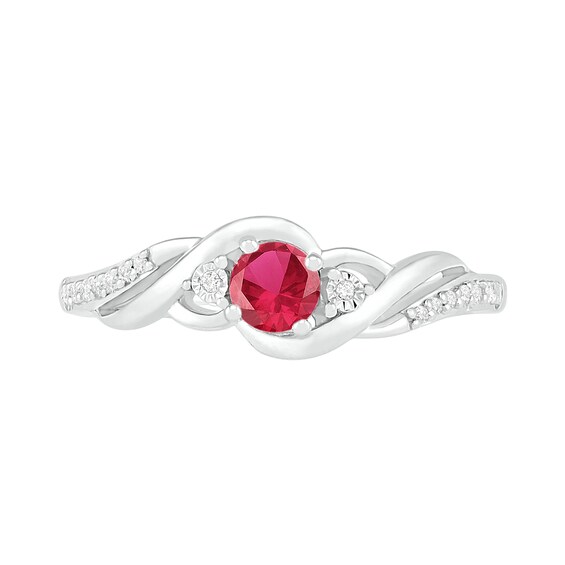 4.0mm Lab-Created Ruby and 0.04 CT. T.W. Diamond Bypass Frame Twist Shank Ring in Sterling Silver