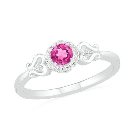 4.0mm Lab-Created Pink Sapphire and 0.04 CT. T.W. Diamond Frame Heart-Sides Ring in Sterling Silver