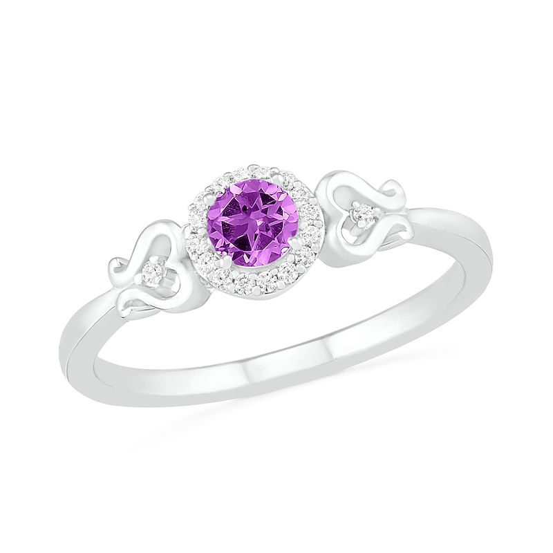 4.0mm Amethyst and 0.04 CT. T.W. Diamond Frame Heart-Sides Ring in Sterling Silver