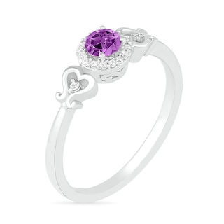 4.0mm Amethyst and 0.04 CT. T.W. Diamond Frame Heart-Sides Ring in Sterling Silver