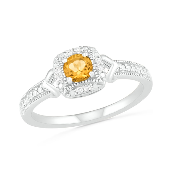 4.0mm Citrine and 0.04 CT. T.W. Diamond Cushion Frame Chevron Side Accent Vintage-Style Ring in Sterling Silver