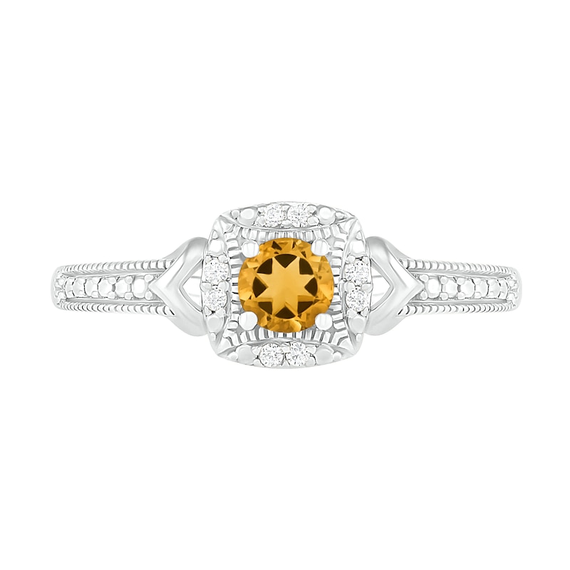 4.0mm Citrine and 0.04 CT. T.W. Diamond Cushion Frame Chevron Side Accent Vintage-Style Ring in Sterling Silver|Peoples Jewellers