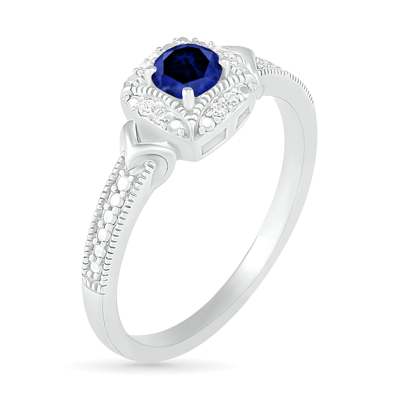 Lab-Created Blue Sapphire and 0.04 CT. T.W. Diamond Cushion Frame Chevron Side Vintage-Style Ring in Sterling Silver|Peoples Jewellers
