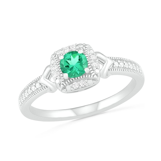 Lab-Created Emerald and 0.04 CT. T.W. Diamond Cushion Frame Chevron Side Accent Vintage-Style Ring in Sterling Silver