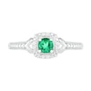 Lab-Created Emerald and 0.04 CT. T.W. Diamond Cushion Frame Chevron Side Accent Vintage-Style Ring in Sterling Silver