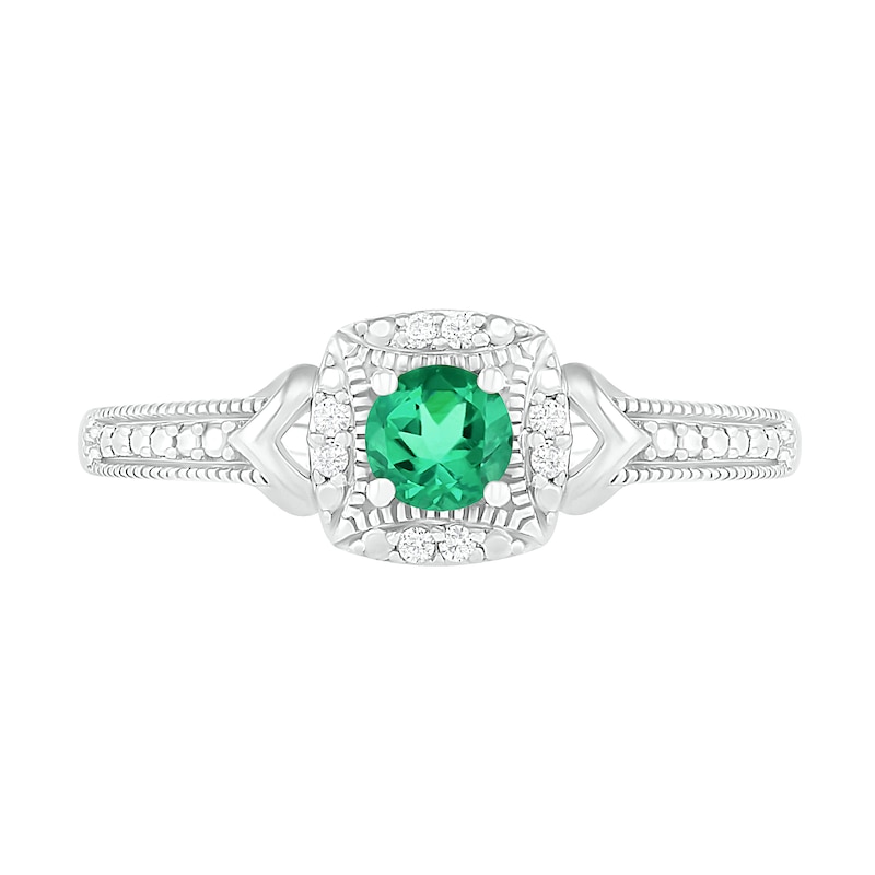 Lab-Created Emerald and 0.04 CT. T.W. Diamond Cushion Frame Chevron Side Accent Vintage-Style Ring in Sterling Silver|Peoples Jewellers
