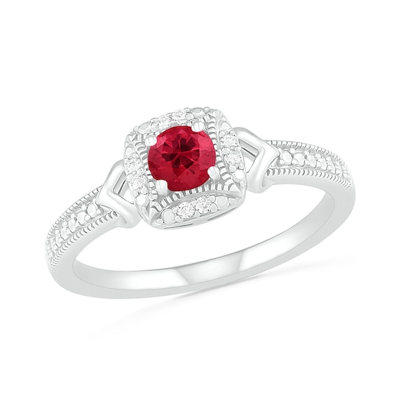 4.0mm Lab-Created Ruby and 0.04 CT. T.W. Diamond Cushion Frame Chevron Side Accent Vintage-Style Ring in Sterling Silver