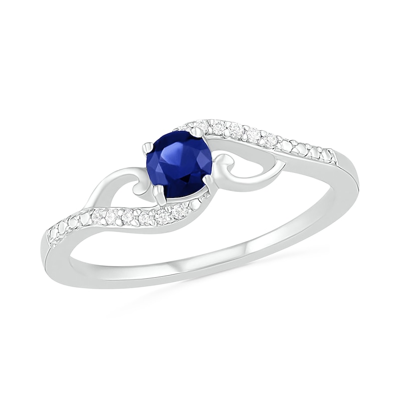 4.0mm Lab-Created Blue Sapphire and 0.04 CT. T.W. Diamond Bypass Split Shank Rolling Wave Ring in Sterling Silver