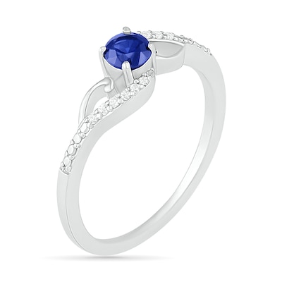 4.0mm Lab-Created Blue Sapphire and 0.04 CT. T.W. Diamond Bypass Split Shank Rolling Wave Ring in Sterling Silver