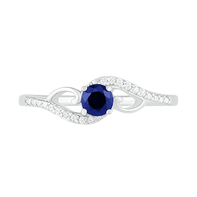 4.0mm Lab-Created Blue Sapphire and 0.04 CT. T.W. Diamond Bypass Split Shank Rolling Wave Ring in Sterling Silver