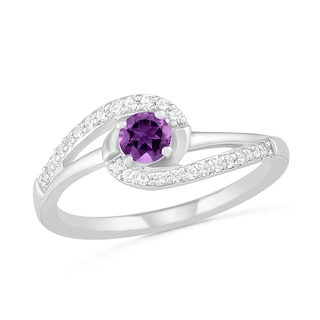 4.0mm Amethyst and Lab-Created White Sapphire Bypass Swirl Frame Split Shank Ring in Sterling Silver