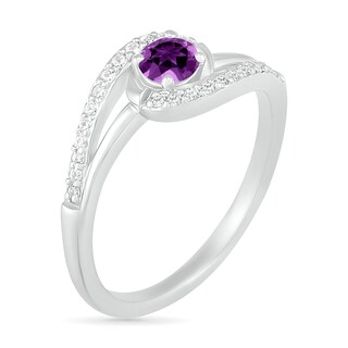 4.0mm Amethyst and Lab-Created White Sapphire Bypass Swirl Frame Split Shank Ring in Sterling Silver