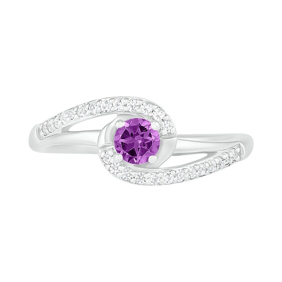 4.0mm Amethyst and Lab-Created White Sapphire Bypass Swirl Frame Split Shank Ring in Sterling Silver