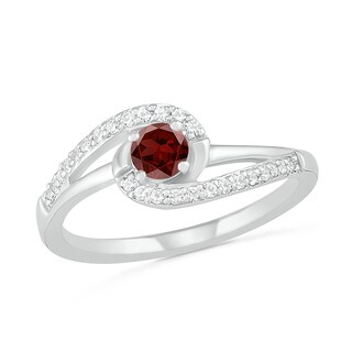 4.0mm Garnet and Lab-Created White Sapphire Bypass Swirl Frame Split Shank Ring in Sterling Silver