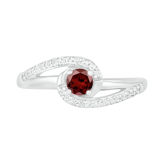 4.0mm Garnet and Lab-Created White Sapphire Bypass Swirl Frame Split Shank Ring in Sterling Silver