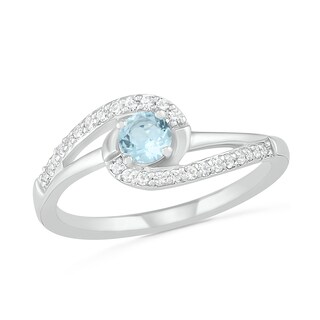 4.0mm Aquamarine and Lab-Created White Sapphire Bypass Swirl Frame Split Shank Ring in Sterling Silver